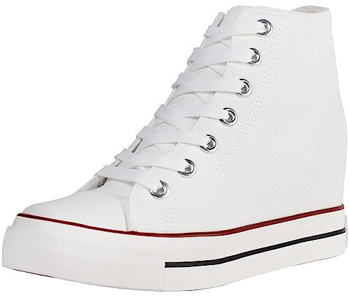 wealsex Damen Wedge Canvas Sportschuhe Hide Keilabsatz High-Top Canvas Sneakers (Weiß,37)
