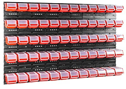 60 stck. Box mit Deckel + Wandregal 120 x 80 cm, Stapelboxen Schüttenregal Sichtlagerkästen Lagersystem (ROT)