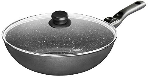 STONELINE Wok 30 cm, Made in Germany, Aluguss, Wok Pfanne beschichtet mit echten Steinpartikeln, grau, ohne Fett oder Öl kochen und braten, großer Wok Induktion