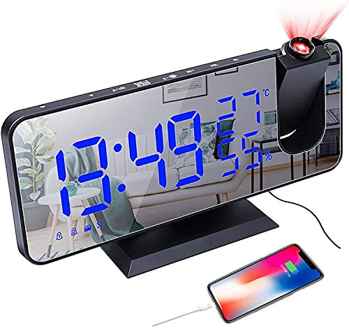 Despertador Digital de Proyección, Radio Despertador con 180° Rotativo Proyector Cargador USB Humedad Temperatura, Snooze Dual Alarma Ajustable Brillo LED Espejo(Negro)