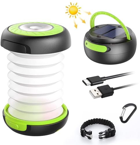LED Campinglampe GlobaLink faltbare Solar Camping Laterne Energienbank mit 2 Lademethoden (Solar/USB) und 3 Lichtmodi für Camping, Angeln, Notfall -inkl. Survival Armband mit Pfeife(grün)