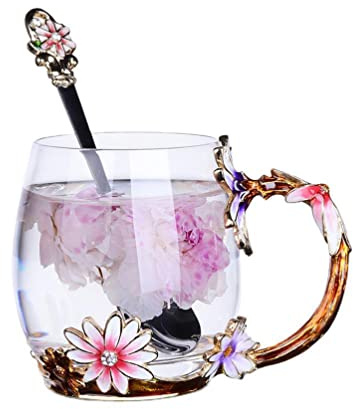 Biigming Tasse à thé en Verre émaillé de Papillons Fleurs avec Cuillère en acier, Cadeau Parfait pour Femme, épouse, Petite Amie, Fête des mères, Saint-Valentin, Anniversaire (Marguerites-330ml)