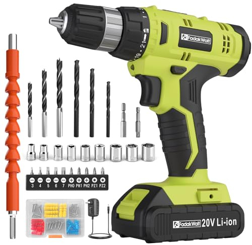 FADAKWALT Cordless Drill Set, 20V Electric Power Drill with Battery And Charger, Torque 30N, 21+1 Torque Setting, 3/8-Inch Keyless Chuck, Drill Driver Bits Kit, with LED
