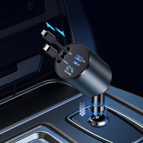 Einziehbares Auto Ladegerät, 4 in 1 60W Auto Ladegerät Zigarettenanzünder USB C mit Einziehbaren Kabel und Ladeanschlüssen, für iPhone 16/15/14/13/12/11 Pro/iPad (Lighting and Type-C Cords)