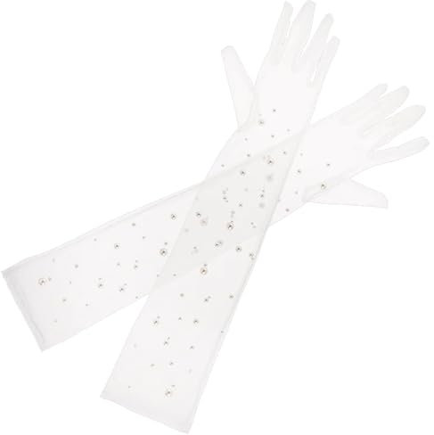 ISLHJDD Elegante Perlen-Hochzeitshandschuhe - Weiß, lang, Ellenbogenlänge, Finger, Tüll, Party, Abschlussball, Cosplay, Damenhandschuhe, weiß, 1