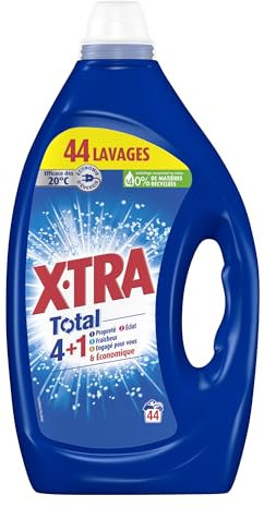 X-Tra Total - Lessive Liquide - 4 plus 1 - Propreté - Eclat - Fraîcheur - Engagé pour vous - Economique - Une seule lessive pour tout votre linge - Efficace des 20°C - 44 Lavages