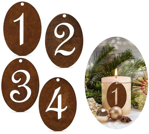 HERZONE metall adventsnummer 1–4 adventskrans, siffror trä 1 2 3 4 för ljus, ljusstake, trä, hänge, dekoration, ljusstake, jul, ljus, dekoration, adventsdekoration (elips)