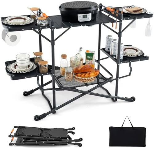 TANGZON Camping Kitchen Table, Outdoor Folding Portable Cook Station with 4 Side Tables, Heat-Resistant Aluminum Tabletop, Storage Rack, Carrying Bag, Cooking Storage Cupboard for Picnic BBQ Travel