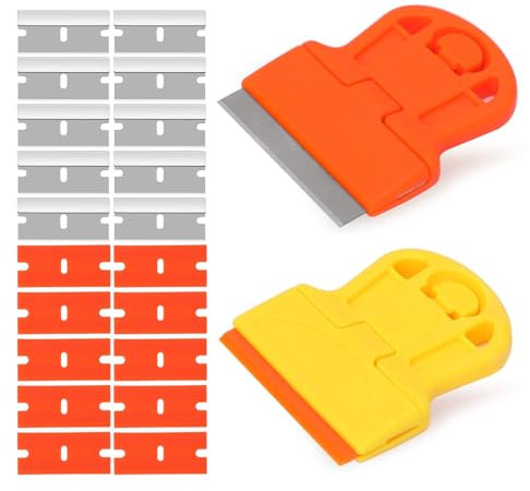 DEPOTA 2 Pack Razor Blade Scraper Plastic Razor Blade Scraper Scraper Tool with Extra 10 Plastic Razor Blades and 10 Metal Blades for Adhesive Remover Removing Labels Stickers Taping on Glass Windows