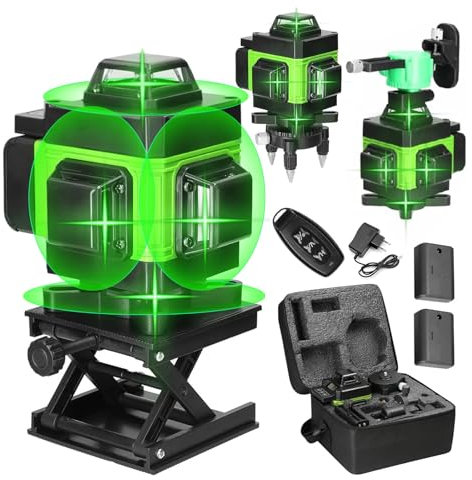 Nivel Laser autonivelante 4 x 360°, 4D 16 líneas nivel láser autonivelante 360 grados horizontal y vertical, IP54, laser autonivelante con control remoto y 2 x 2600mAh Baterías (Sin trípode)