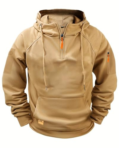 Hoodies for Men,Work Jumpers Mens Fleece Lined Cargo Military Hooded Sweatshirt Patchwork Tactical Pullover Tops Winter Gym Sports Outfits Hoody Essentials Hoodies with Zip Pockets Beige