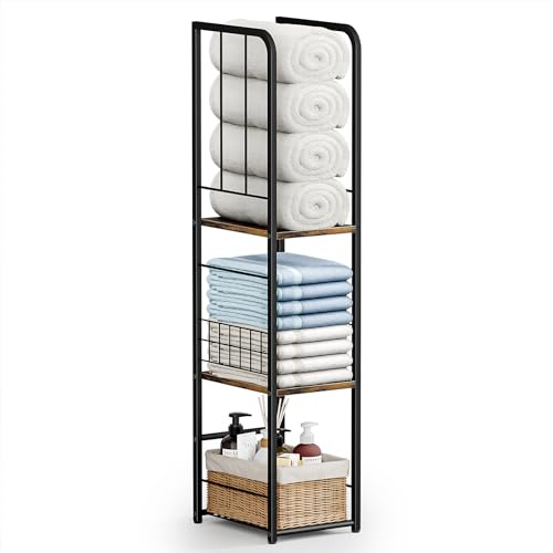 KIMBORA Narrow Towel Storage for Bathroom, 3-Tier Free Standing Bathroom Towel Rack Organizer with Shelf for Small Bath, Pool, Brown