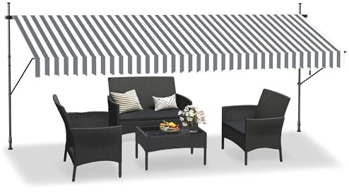 LZQ Klämmarkis balkong, markis infällbar manuell, handvev, höjdjusterbar, UV-beständig, utan borrning, 100 % polyester, grå-vit, 400 x 120 cm