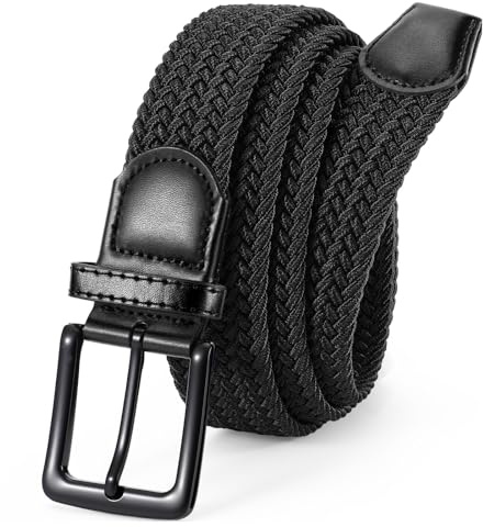VONMELLI Elastic Belt for Men, Mens Belts Casual for Jeans Pants Woven Braided Web Belt for Golf 1.3 inches Width Black-black Buckle Up to 51