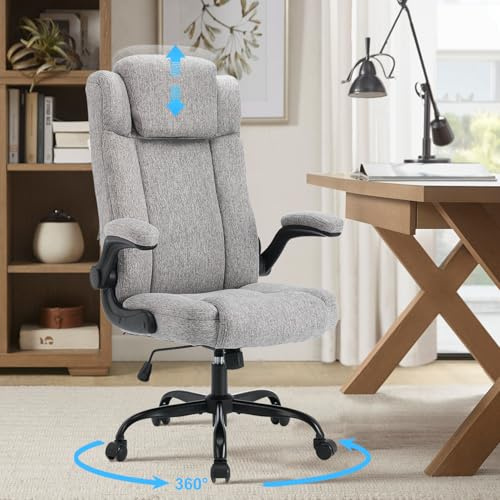 Bürostuhl Ergonomischer Computerstuhl 150KG Belastbarkeit Chefsessel Verstellbare Kopfstütze Flip-up Armlehnen/110° Wippfunktion Chefsessel mit Hoher Rückenlehne und Breitem Sitz Schreibtischstuhl