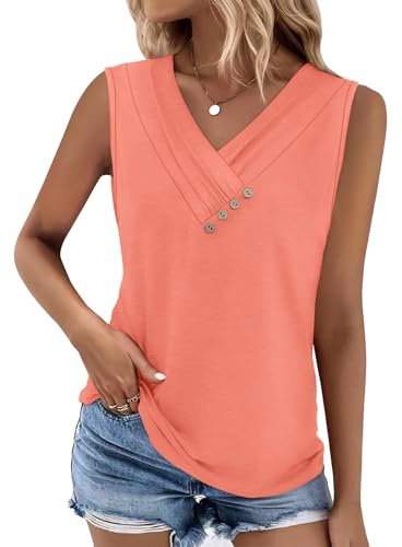 iChunhua Pleated V Neck Going Out Tops for Women Summer,Sleeveless Longline Tank Vest with Buttons