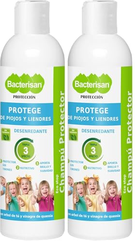 BACTERISAN Champú protector desenredante 250 ml, Protege de piojos y liendres, Champú de uso diario con árbol de té (Paquete de 2)