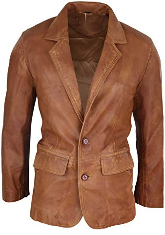 Infinity Leather Giacca Classica da Uomo Stile Blazer in Vera Pelle con 2 Bottoni Retro Vintage - Nocciola XL