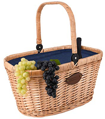 Les Jardins de la Comtesse - Panier en Osier Naturel Chantilly - Glacière Isotherme - pour Le Marché ou Le Picnic - Anse Rabattable - Tissu Bleu - 48 cm x 29 cm x 27 cm