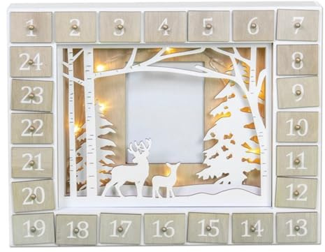 The Christmas Workshop Wooden Advent Calendars / 24 Boxes/Fill Your Own Reusable Festive Decoration/Nutcracker and Light Up Designs with Photo Display (Forest LED)