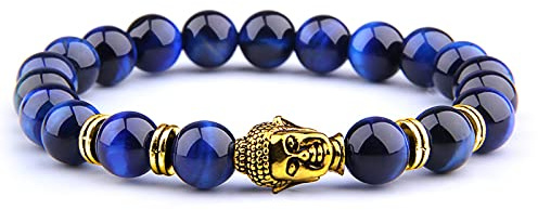 8 mm kungligt blått tigeröga armband män silverfärg Buddha-huvud berlock armband kvinnor amulett vinatge gul sten pärlor pulsera, lapis blå tiger-1,17 cm