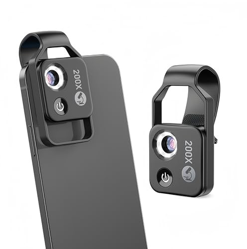 200X Telefon Mini Mikroskop, Bärbart Mikroskop med LED-ljus, Klämtelefon Mikroskop med Universal CPL, Microworld för Barn Vuxna (Svart)