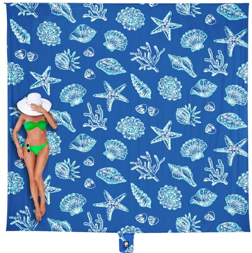 WEKAPO Beach Blanket Waterproof Sandproof Oversized, Extra Large Beach Mat Sand Free, Lightweight & Compact Sand Free Mat with 6 Stakes & 4 Corner Pockets (Blue Sea Shells, 8 x 7 FT (1～4 Person))