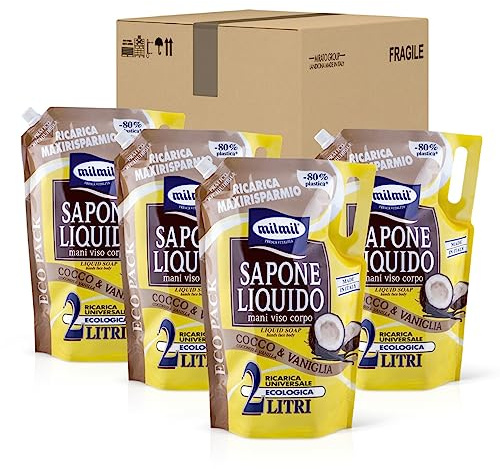 Milmil Flüssigseife, Duft Kokosnuss & Vanille, Nachfüllpackung Maxirisparmio, dermatologisch getestet - 4 x 2000 ml