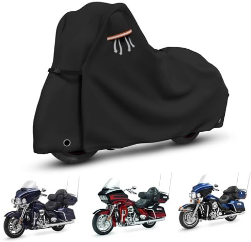 STARTWO Motorcykelöverdrag vattentät utomhusförvaring för Harley Davidson Touring-modeller med sido+toppbox ultrabänkt, vägglidbegränsad, guldving, vägmästare 280 x 115 cm svart