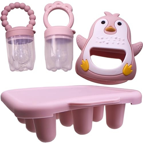 MIMITO Fruktsugare 2-pack frysskål penguin tandleksaker, silikon baby fruktsugare tanduppsättning, baby matare med frysbricka och penguin teething Toy (rosa)