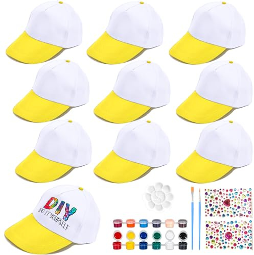 10 Pièces Casquettes pour enfants à peindre,Casquette Graffiti,DIY casquette de baseball avec autocollants en pierres précieuses, casquette de baseball pour enfants,pour cadeau d'anniversaire Enfants