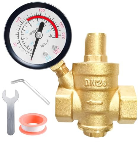 WIYETY DN20 Réducteur de pression d'eau: 3/4 pouces laiton réducteur de pression d'eau avec manomètre et outils de réglage, 1,6 MPa régulateur de pression en laiton, manomètre de pression d'eau pour
