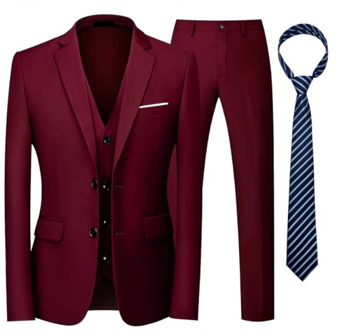 KUDORO Traje de hombre de 3 piezas con dos botones, chaleco y pantalones con corbata, rojo vino, 3XL