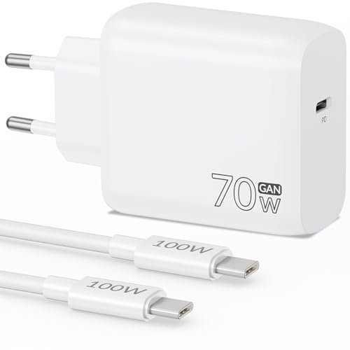 Caricatore per MacBook Air/Pro, USB C 70W Caricabatterie Alimentatore Rapido + 100W/5A Cavo 2M per Mac Book Pro/Air 13/14/15/16 Pollici, M1 M2 M3, iPhone 17 Air/16/16e 15, iPad