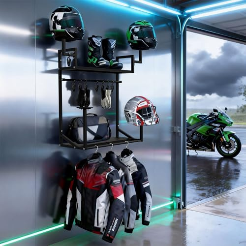Anvuda Soporte casco moto, de pared, para 4 cascos, dos niveles, metálico,L | Universal para todos los cascos, doble barra, colgar ropa y guantes, 8 pinzas, robusto, accesorios moto, percheros pared