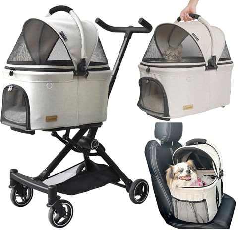 ROODO 2026 Upgraded Version 3 in 1 Dog Cat Stroller with Detachable Carrier Lightweight Folding Portable All Terrain Pet Travel System Puppy Kitty Doggie Bunny Stroller for 30lbs(Light Khaki)