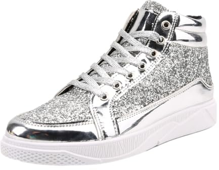 ticticlily Hommes Baskets à Paillettes à Lacets Baskets Bottines Chaussures Scintillantes Streetwear Hip Hop Bottes Décontractées A Argenté 43 EU