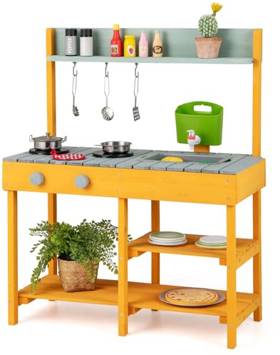 COSTWAY lerkök barn utomhus, barnkök trä med vattenfunktion, lekkök med krok och avtagbar hylla, trädgårdsköksgåvor för barn från 3 år (modell 2-orange)