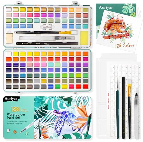 Watercolour Paint Travel Sets with Palette - 128 Art Supplies Water Color Painting Professional Kit for Kids Adults Artists - Portable Metallic Watercolours Mini Box with Major Brushes Watercolor Pens