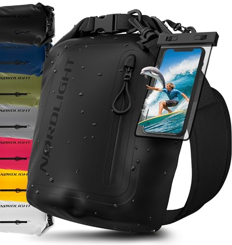 Nordlight Dry Bag Sac Étanche avec Pochette Étanche Téléphone, Fermeture Roll-Top, Bandoulière | Sac à Dos étanche Nautique, Sac Impermeable Etanche | Natation Plage Sup Bateau - Noir (Opaque), 5 L