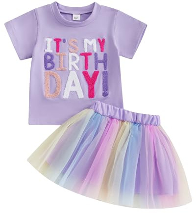 MAHUAOYIXI Baby Girl 2Pcs Birthday Outfits Short Sleeve Letter Embroidery Tops T-Shirt + Tutu Glitter Tulle Skirt Set Toddler Girls Clothes Girls Birthday Clothing Set (Purple, 2-3 Years)