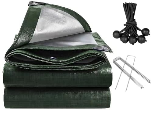 PVEGOS 3 x 5m Waterproof Tarpaulin, 120GSM PE Tarp with 6 Bungee Balls and 6 Stakes, Reinforced Eyelets for Building Materials, Garden and Outdoor Storage