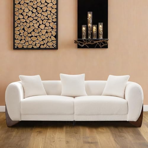 87 Sherpa Boucle 3 Seater Sofa Modern Cloud Couch with Solid Wood Legs, 25in Extra Deep Seat, Comfy Thick Cushion Upholstered Sofa Couches with 3 Pillows for Living Room, White