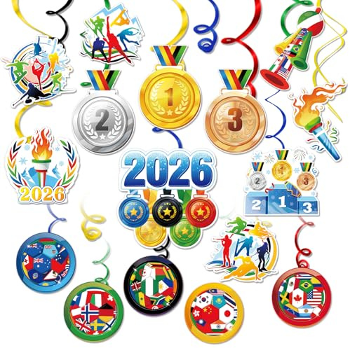 DPKOW 30pcs 2026 Invernali Sport Pendenti a Spirale Addobbi, Medaglia Torcia Bandiera Paese Appendere Turbinanti Decorazioni 2026 Invernali Sport Stelle Filanti