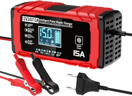 TEKXDD Caricabatteria per Auto 15A - 12V/24V 15A Carica Batterie intelligente Auto, Schermo LCD, Caricabatterie con Multi-Protezione, Compatibile con Batterie per Auto, Moto, AGM e LiFePO4