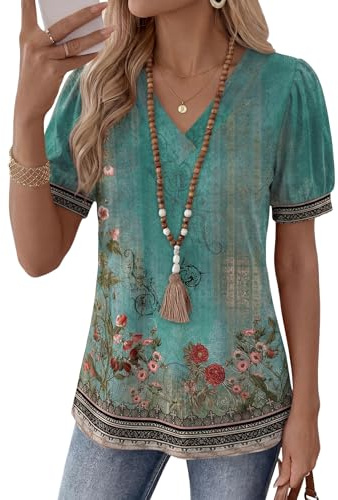 Rapbin Dam V-hals Toppar Sommar 2026 Puff Ärm T-shirts Casual Kortärmad Blommig Tryckt Tunika Blus