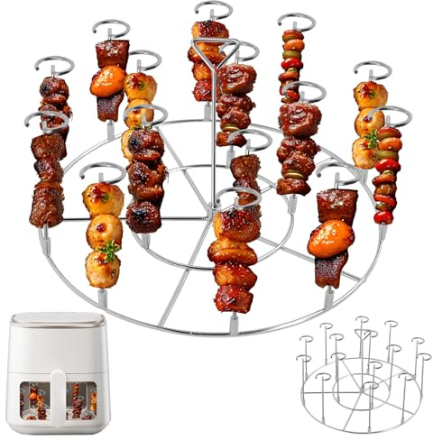 Brochetas para barbacoa de acero inoxidable, accesorios para freidora de aire/barbacoa, juego de 24 pinchos para barbacoa + rejilla redonda para barbacoa | Compatible con freidora de aire, freidora de