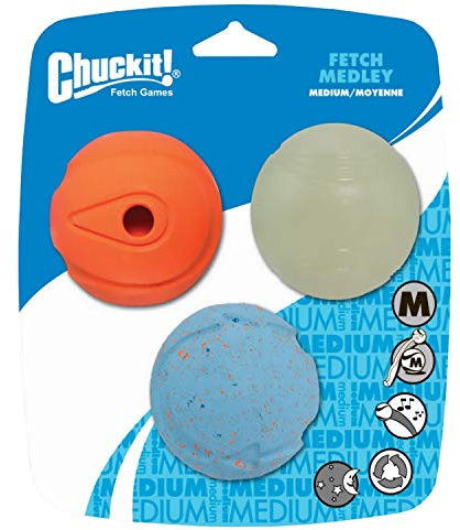 Chuckit! Hundebälle, 3er-Pack, leuchten im Dunkeln, hüpfen und pfeifen, zum Apportieren, mittelgroß