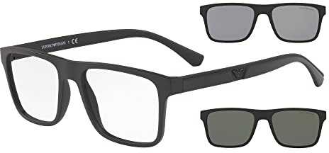 Emporio Armani EA4115 Sunglasses with Two Interchangeable Clip-Ons, Matte Black/Clear/Light Grey/Dark Grey, 54 mm