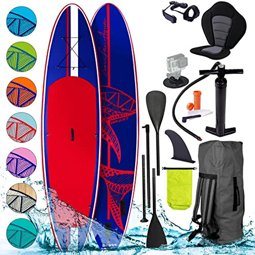 BRAST Paddle Gonflable Adulte Paddle Gonflable 320x76x15cm INCL. Sangle de Pied pagaie Pompe Sac à Dos Planche Gonflable Stand up Paddle Gonflable en Bleu Rouge Shark 320